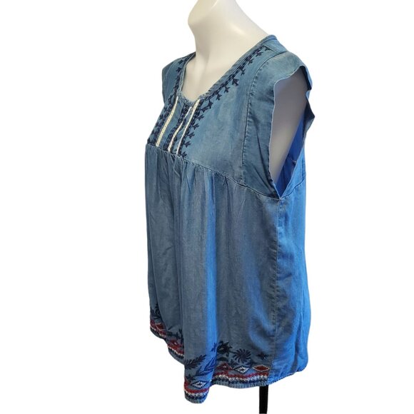 Knox Rose Womens Blue Boho Floral Embroidered Sleeveless Chambray Top Med - Picture 5 of 10